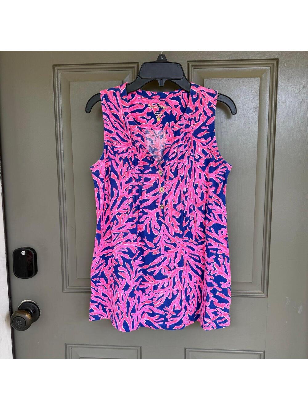 Lilly Pulitzer Samba Coral Sleeveless Pintuck Blouse Pink & Blue XS
